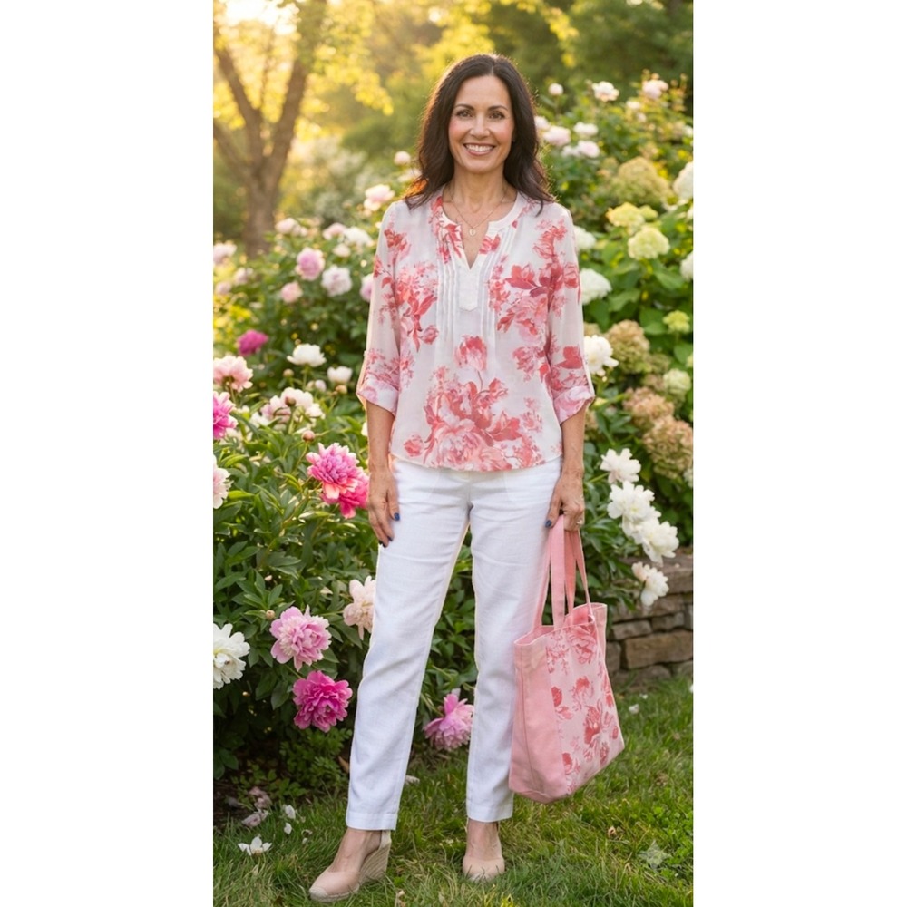 Creative Commune Pink Floral Pintuck Roll Tab Sleeve Blouse Large